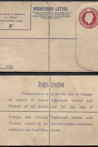 RP40 KGV 4 1/2d Puce Registered Envelope Size F Foreign and Colonial on Back M