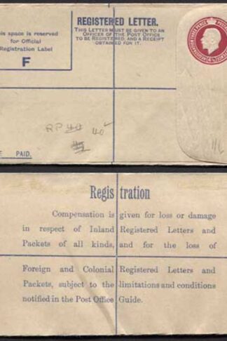 RP40 KGV 4 1/2d Puce Registered Envelope Size F Foreign and Colonial on Back M