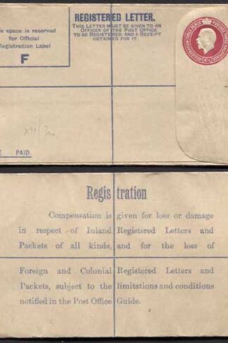 RP40 KGV 4 1/2d Puce Registered Envelope Size F Foreign and Colonial on Back M