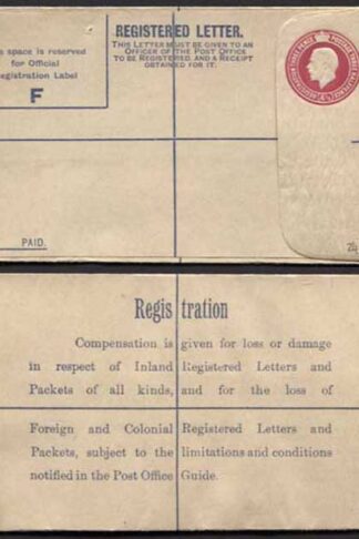RP40 KGV 4 1/2d Puce Registered Envelope Size F Foreign and Colonial on Back M