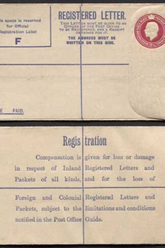 RP39 KGV 4 1/2d Puce Registered Envelope Size F No Letters Under Flap Mint