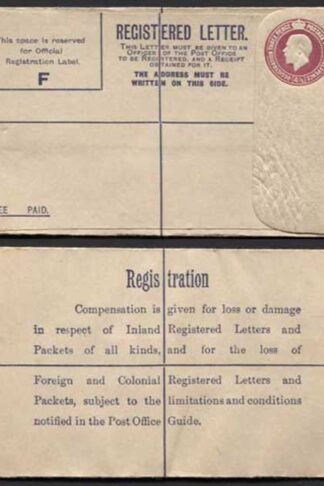 RP39 KGV 4 1/2d Puce Registered Envelope Size F AT Under Flap Mint