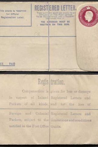 RP38 KGV 4 1/2d Puce Registered Envelope Size F CQ Under Flap Mint