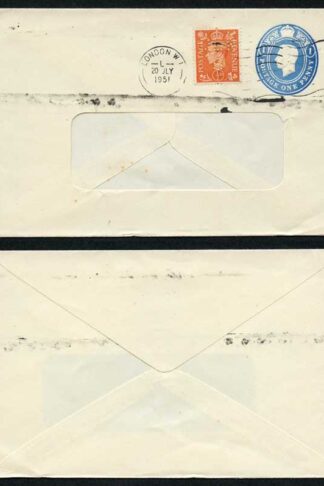 ES67 KGVI 1d blue Stamped to Order Envelope Size 95 x 145 Uprated