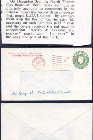 ES68 KGVI 1 1/2d Green North Thames Gas Board Stamped to Order Envelope RARE PMK