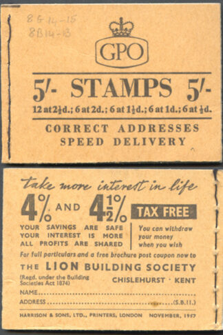 H31 5/- Booklet Wmk Edwards with 2d Light Red-brown Pane November 1957