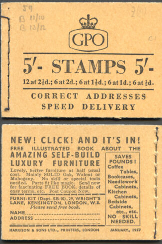 H25 5/- Booklet Wmk Edwards 2d Pane Red-brown January 1957