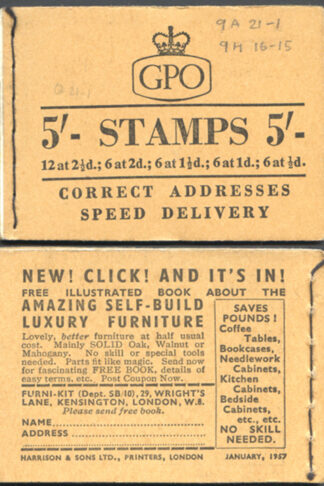 H25 5/- Booklet Wmk Edwards 2d Red-brown Pane January 1957