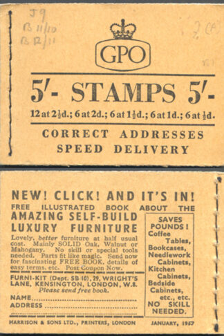 H25 5/- Booklet Wmk Edwards 2d Red-brown Pane January 1957