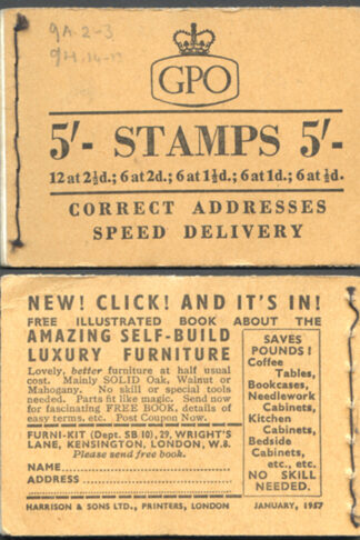H25 5/- Booklet Wmk Edwards 2d Red-brown Pane January 1957