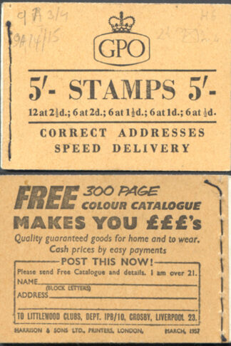 H27 5/- Booklet Wmk Edwards Cylinder H6 No Dot March 1957
