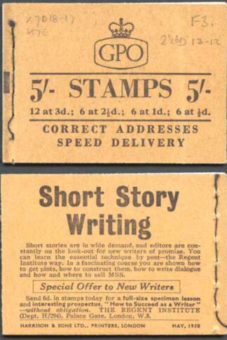 H34 May 1958 5/- Booklet 1d cyl F3 dot