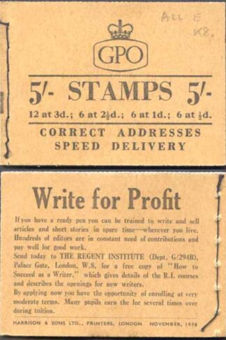 H36 November 1958 EEEEE 5/- Booklet Both 3d cyl K8T dot