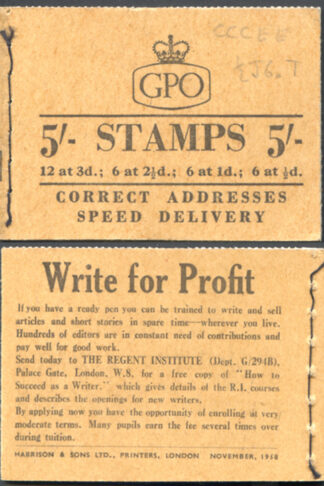 H36e November 1958 CCCEE 5/- Booklet 2 1/2d Cyl J6T dot