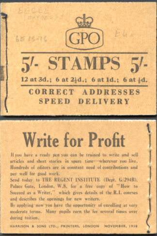 H36c November 1958 CCCEE 5/- Booklet 1/2d Cyl E4 dot