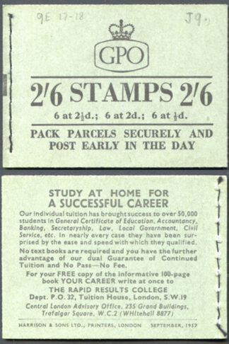 F58 2/6 Booklet Wmk Edwards Cyl J9 Dot September 1957
