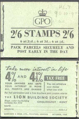F59 October 1957 2/6 Booklet 2d Cyl H6 dot