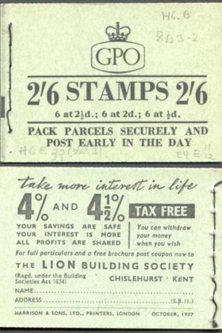 F59 October 1957 2/6 Booklet 2d Cyl H6 dot