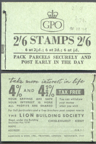 F60 2/6 Booklet Wmk Edwards Cyl J9T Dot November 1957