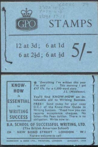H37b Jan 1959 5/- Booklet CCCEC 2 1/2d Cyl J9 Dot