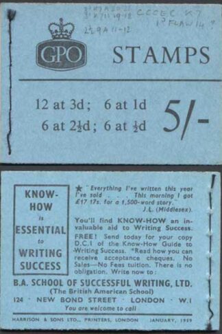 H37b Jan 1959 5/- Booklet CCCEC 1/2d Cyl E4 Dot