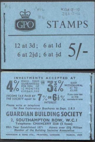 H38 March 1959 5/- Booklet 1/2d Cyl E14 no dot (1/2d good perfs)