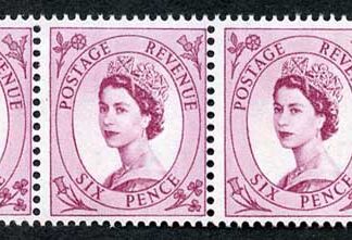 S107 6d Deep Claret Wilding Crowns Wmk U/M Marginal Strip 3