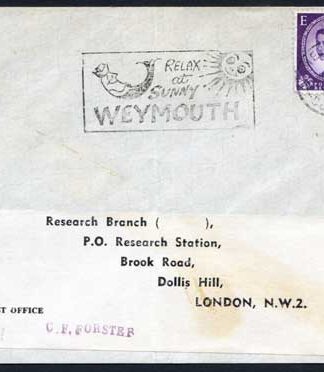 ST7(2) 3d Dollis Hill Pair Greenish Blue AOP on Envelope with Trial Cancel