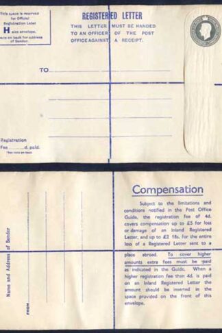 RP70 KGVI 8 1/2d Grey Registered Envelope Size H Fee Of 4d on Back Mint