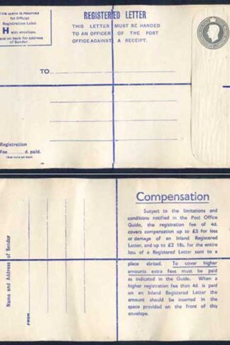 RP70 KGVI 8 1/2d Grey Registered Envelope Size H Fee Of 4d on Back Mint