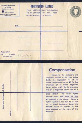 RP70 KGVI 8 1/2d Grey Registered Envelope Size H Fee Of 4d on Back Mint