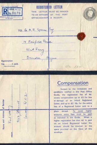 RP70 KGVI 8 1/2d Grey Registered Envelope Size H Fee Of 4d on Back Used