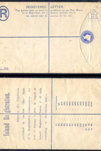 RP22 QV 2d Blue Registered Envelope Size H 50-120 on Back Mint