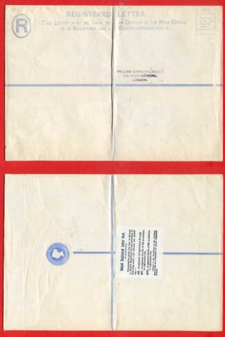RP13 QV 2d Blue Registered Envelope Size I Mint  Typed Address and Label on Back