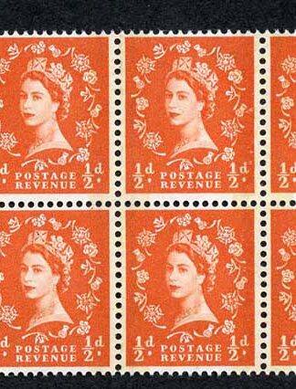 SG599 1/2d Orange Red Phosphor Graphite U/M Block 6 (ebay 7)