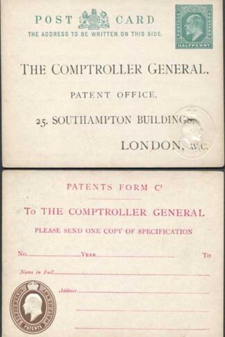 CO8 KEVII Patent Office Card with 1/2d on Front and 7 1/2d on Reverse