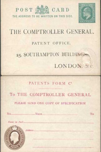 CO8 KEVII Patent Office Card with 1/2d on Front and 7 1/2d on Reverse
