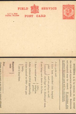 FCP3 KGV 1d Forces Issue Postcard Red Lettering Mint