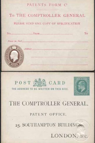 CO8 KEVII Patent Office Card with 1/2d on Front and 7 1/2d on Reverse
