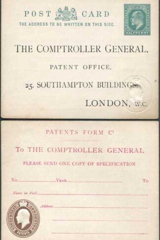 CO8 KEVII Patent Office Card with 1/2d on Front and 7 1/2d on Reverse