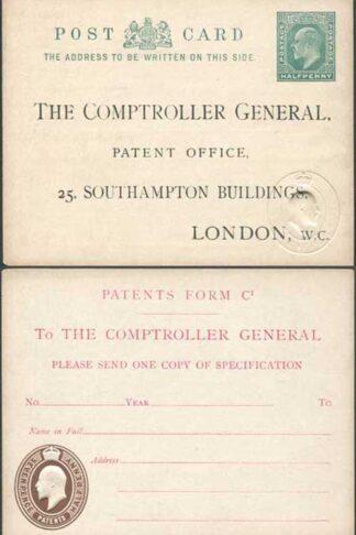 CO8 KEVII Patent Office Card with 1/2d on Front and 7 1/2d on Reverse
