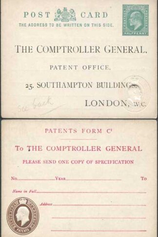 CO8 KEVII Patent Office Card with 1/2d on Front and 7 1/2d on Reverse