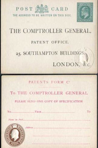 CO8 KEVII Patent Office Card with 1/2d on Front and 7 1/2d on Reverse