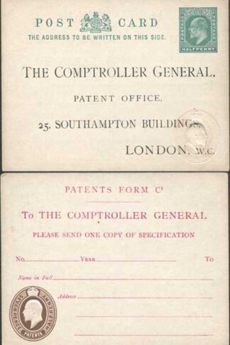 CO8 KEVII Patent Office Card with 1/2d on Front and 7 1/2d on Reverse