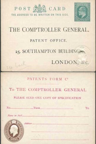 CO8 KEVII Patent Office Card with 1/2d on Front and 7 1/2d on Reverse