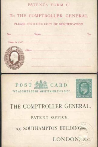 CO8 KEVII Patent Office Card with 1/2d on Front and 7 1/2d on Reverse