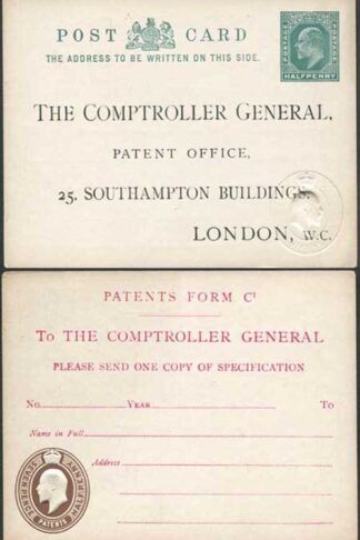 CO8 KEVII Patent Office Card with 1/2d on Front and 7 1/2d on Reverse