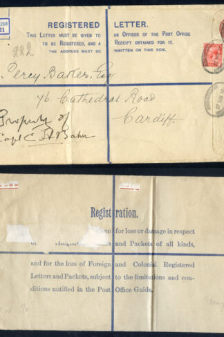 RP28 KGV 3d Red Brown Registered Envelope size K Used uprated