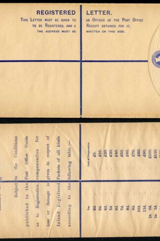RP22 QV 2d Blue Registered Envelope size K Mint