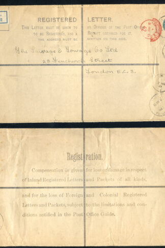 RP30 KGV 4d Grey Green Registered Envelope size K Used uprated